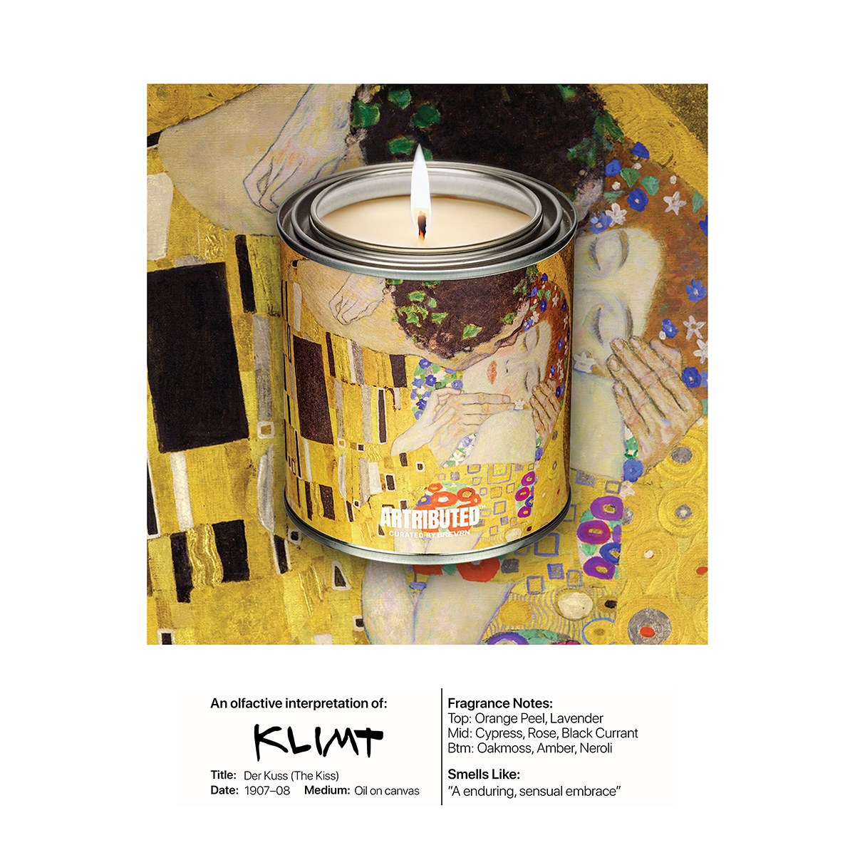 Luxury candle featuring the artwork of Gustav Klimt: The Kiss (Der Kuss)