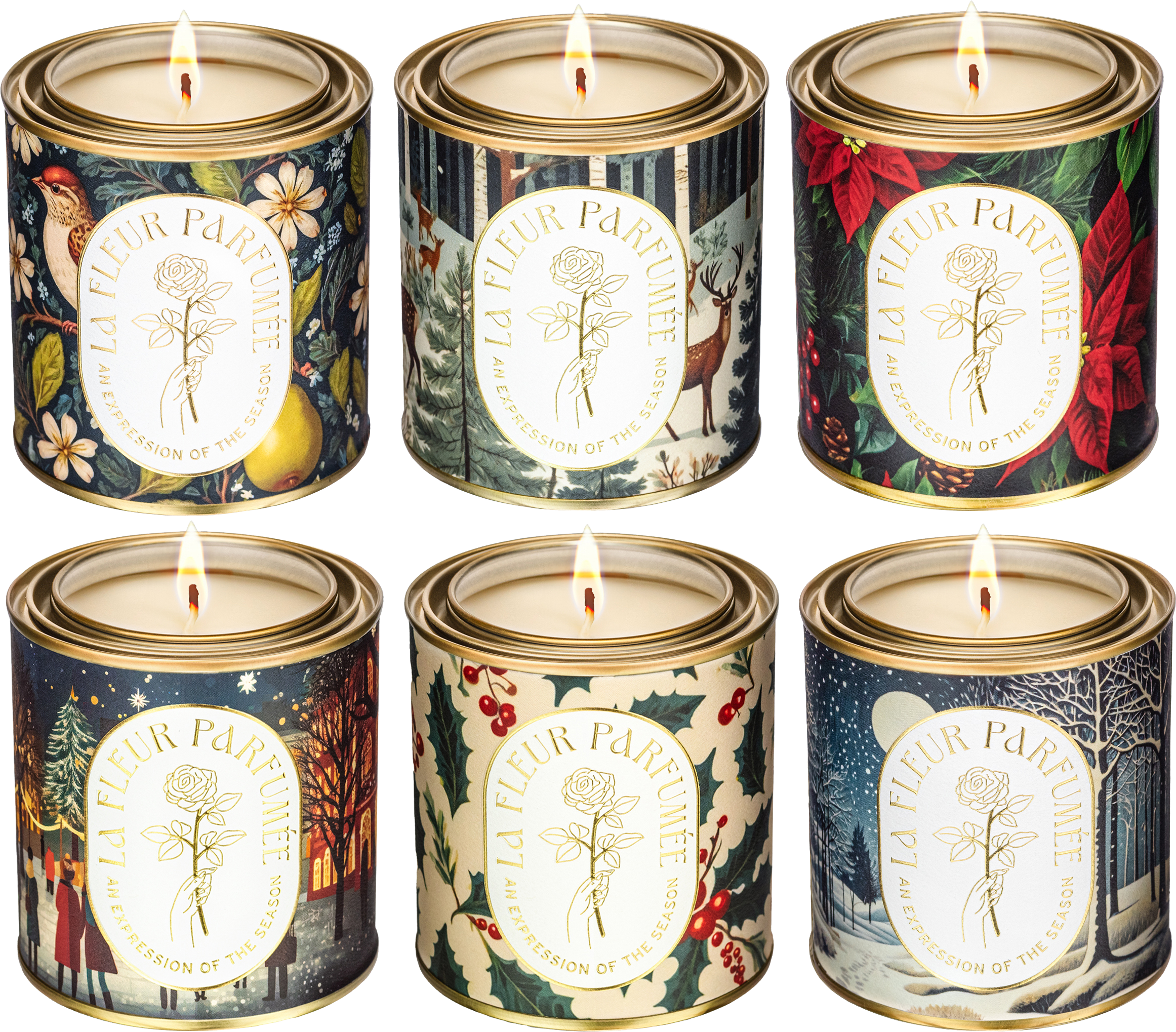 A collection of 6 Christmas candles with bold colorful holiday themed artwork