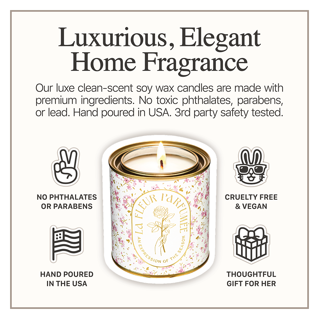 La Fleur Candier parisian chic coquette candle with floral fragrance. A trendy, girly gift idea for birthdays, self-care, or Mother’s Day—made in the USA with premium ingredients.