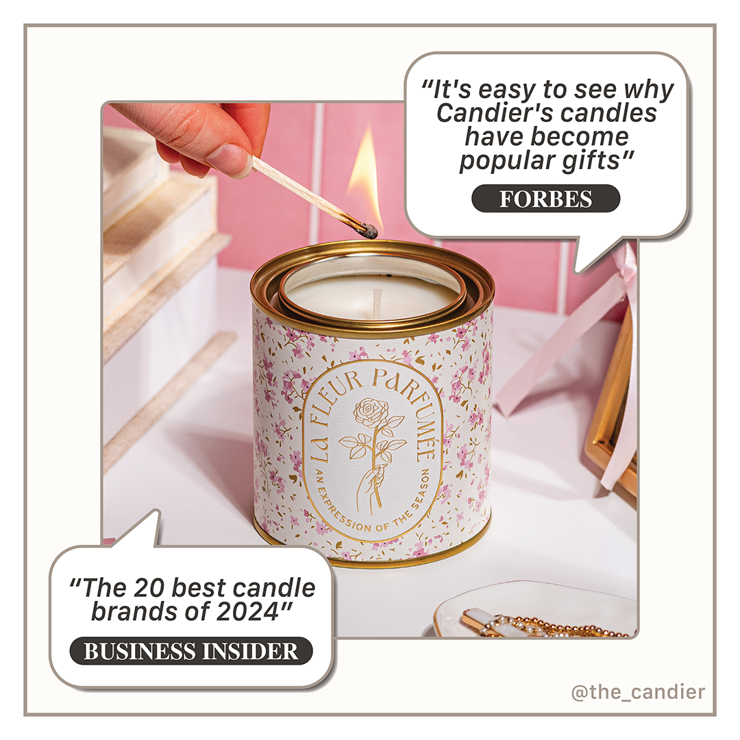 La Fleur Candier chic aesthetic floral candle with delicate pink coquette pattern. A fancy, luxury candle with a soft feminine scent—perfect for women’s gifts & romantic home fragrance.