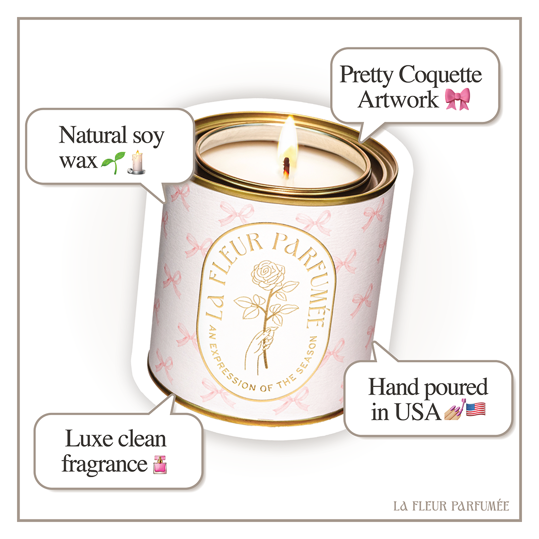 A beautiful La Fleur Candier luxury candle with a clean scent. Hand-poured in the USA, this elegant gift is perfect for birthdays, Mother’s Day, and self-care baskets.