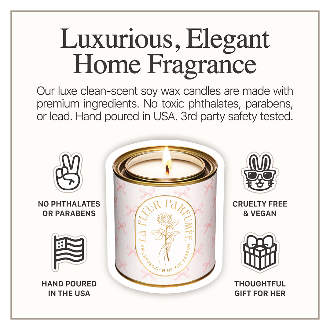 La Fleur Candier Parisian chic candle with a soft floral fragrance. A balletcore-inspired luxury gift for women, perfect for romantic home fragrance lovers and soft girl Coquette aesthetic decor.