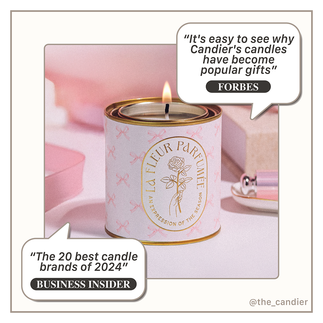 Coquette aesthetic luxury candle featuring pretty bows and soft pink hues. A romantic floral-scented candle with timeless Parisian elegance, ideal for elegant gifting. By La Fleur Candier