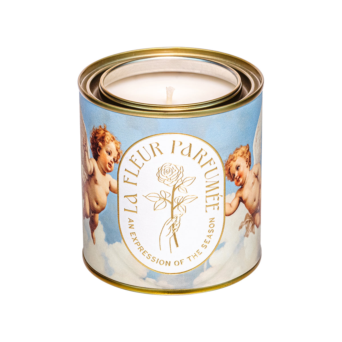 La Fleur CHERUBIMS luxury scented candle – a clean-scent, non-toxic candle made with natural soy wax, featuring elegant cherub artwork. Luxury candle brands.