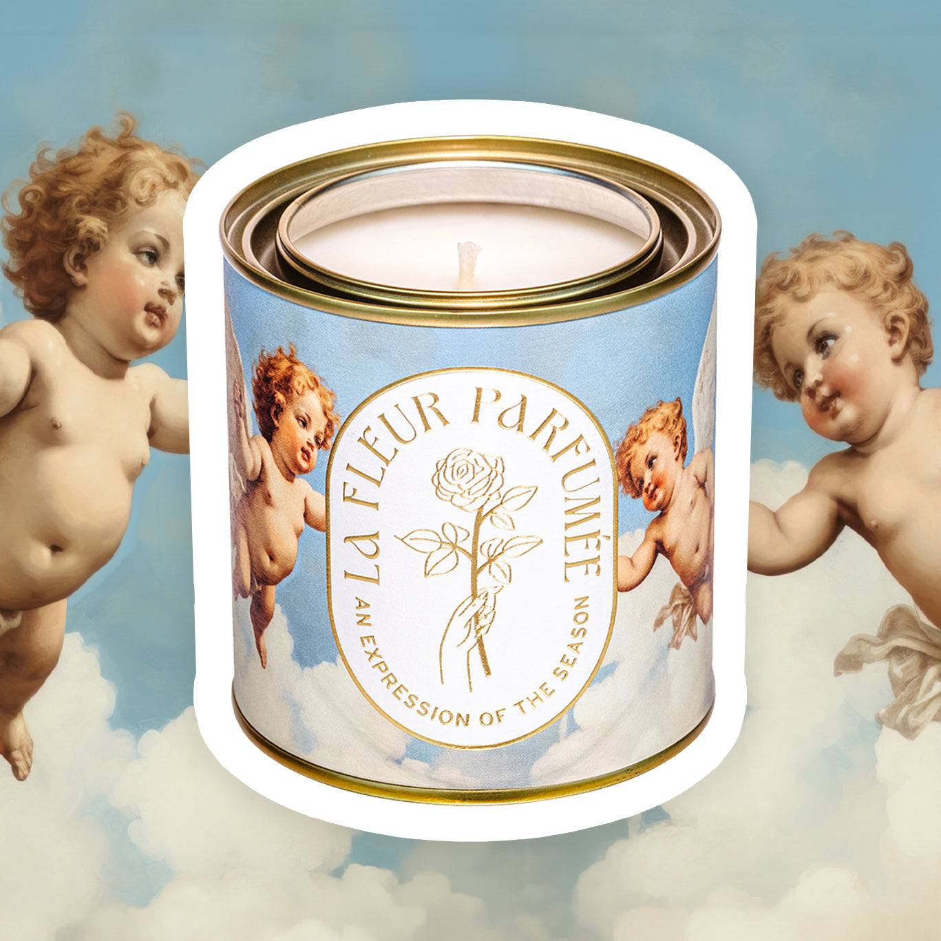 Romantic coquette aesthetic candle featuring cherub artwork. Luxury candle, best gifts for women, soft girl aesthetic, floral-scented candle.