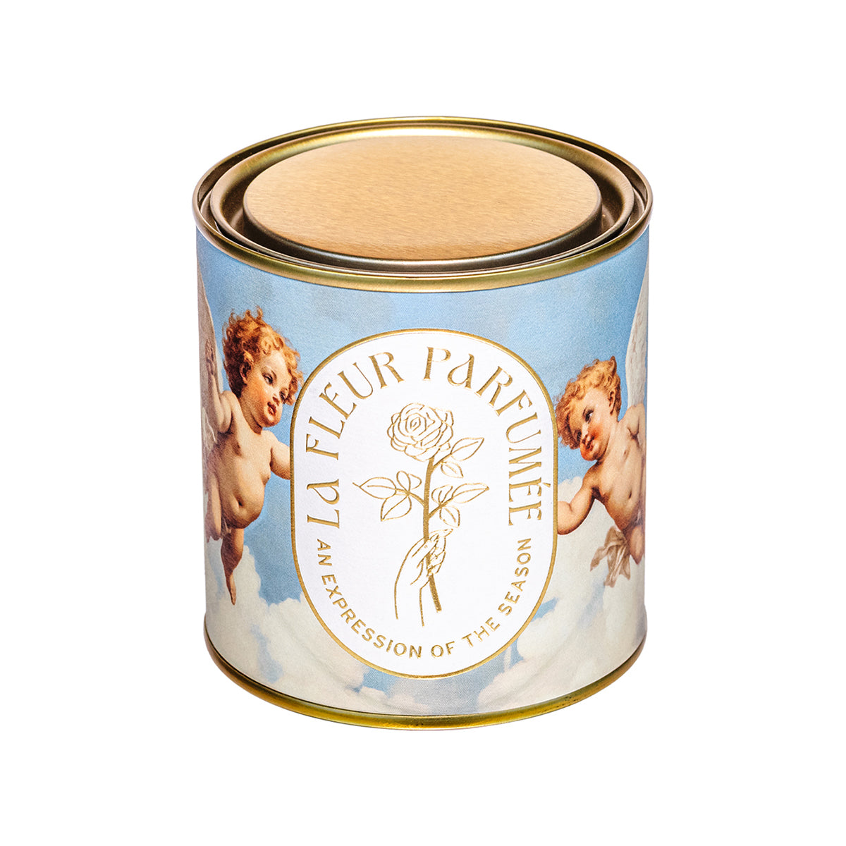 Elegant aesthetic candle with a luxury gold metal vessel. A soft girl aesthetic candle with a clean scent and delicate cherub artwork.