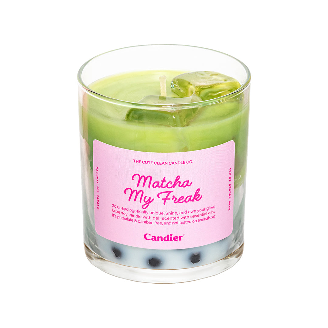 Candier Matcha My Freak candle – iced matcha latte-scented soy candle with ombre wax, hand-poured with gel ice cubes and boba. Luxury phthalate free scent