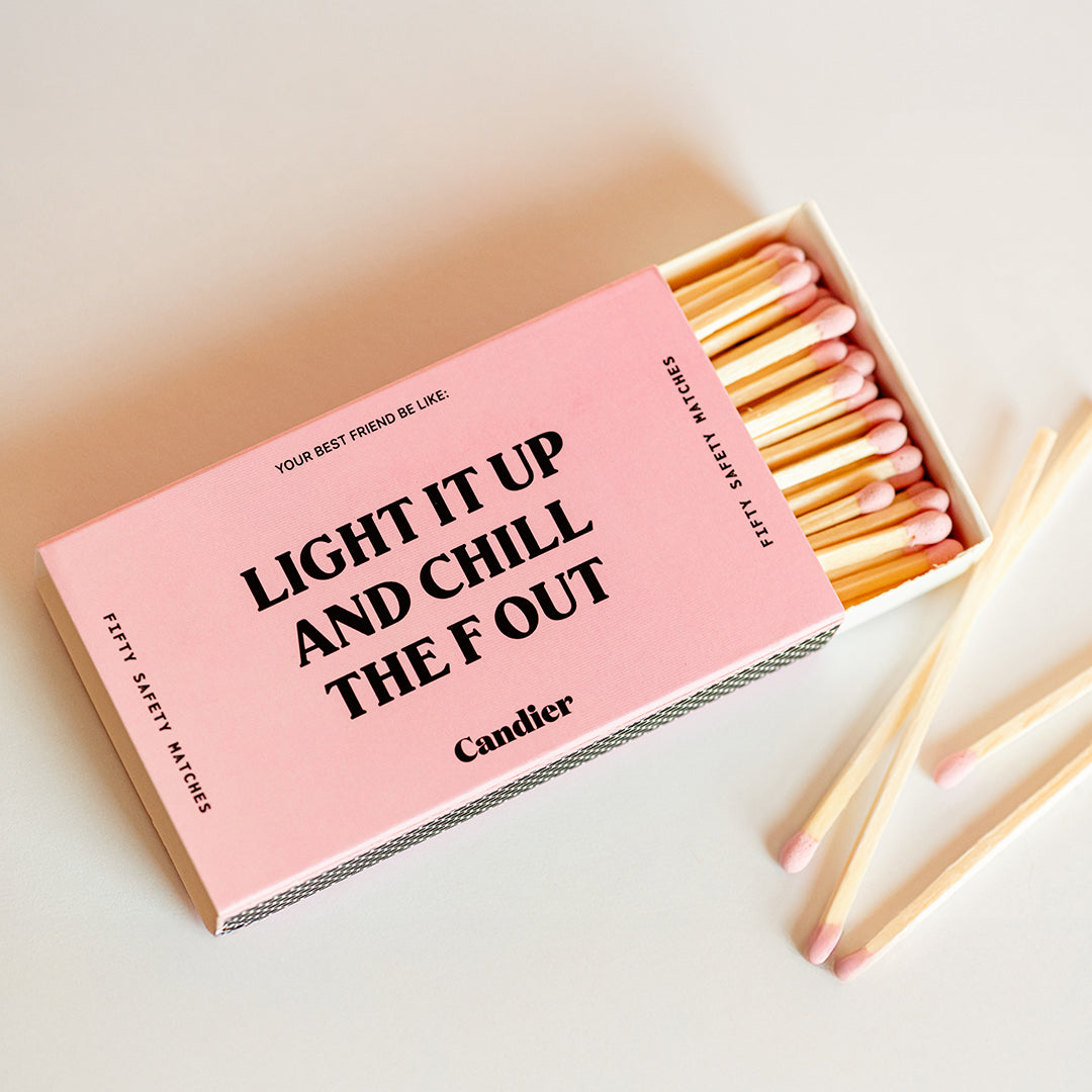 Candier Extra Long Safety Matches in a chic pink matchbox, perfect for lighting candles and fireplaces and adding a touch of aesthetic decor. Fancy matches for home styling.