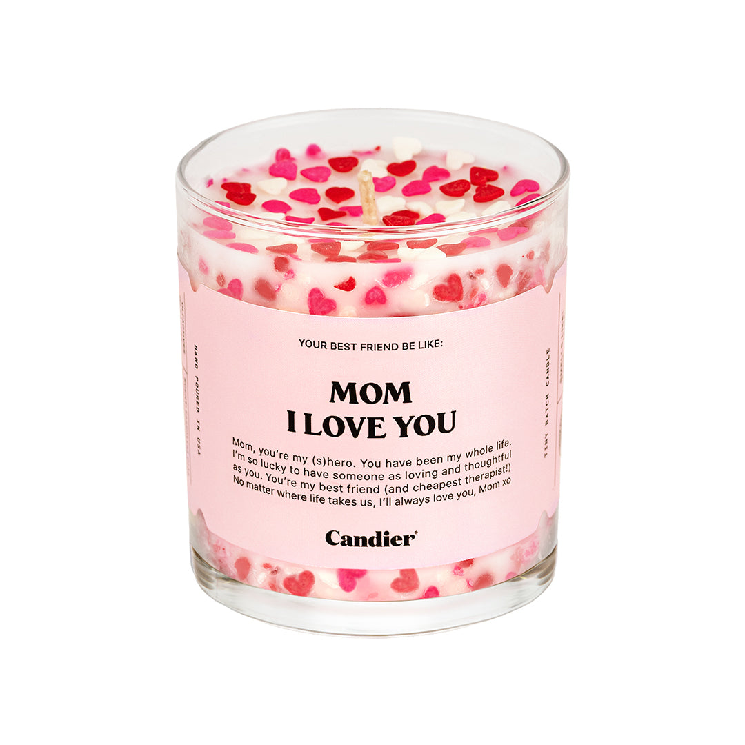 Luxury Mom Gift Candle – Candier® "Mom I Love You" | A beautiful hand-poured soy candle with peach, cherry blossom & heart sprinkles. The perfect luxury scented gift for moms