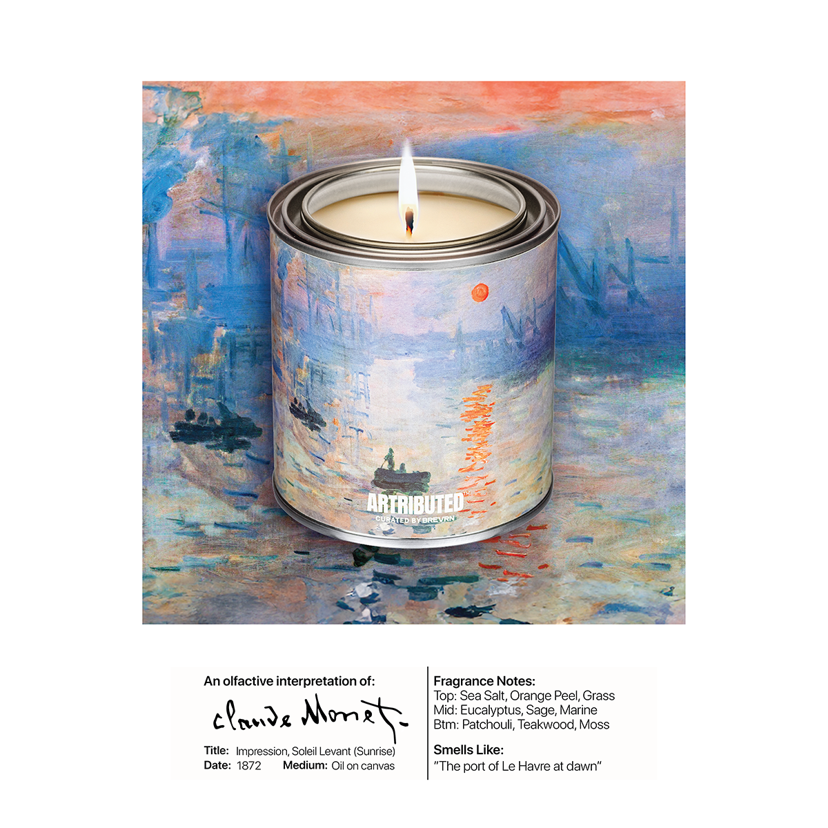 Fine art candle inspired by and wrapped in Monet famous painting  Impression, Sunrise, with information on the artist, painting and scent