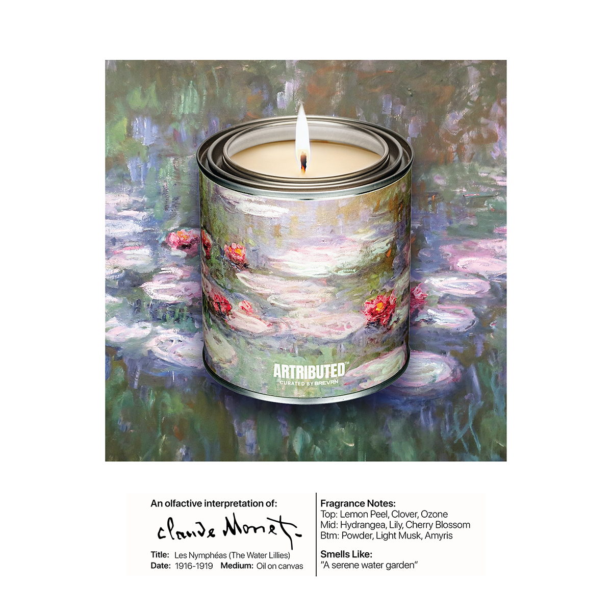 Luxury candle featuring the artwork of Claude Monet Water Lilies (Les Nymphéas)