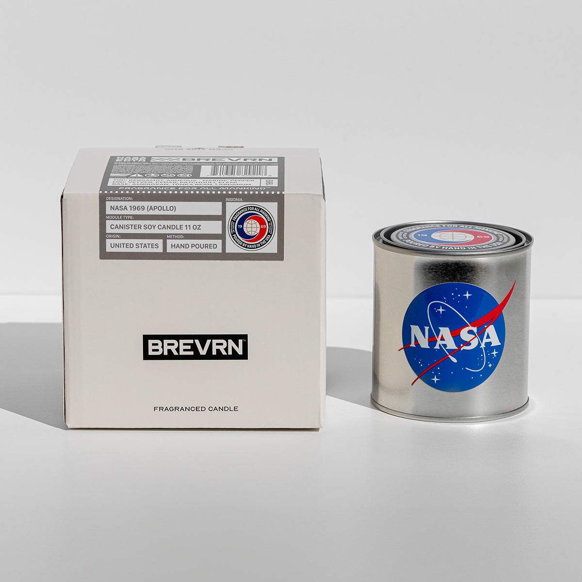 NASA Apollo 1969 Candle inside its custom BREVRN collector’s box, designed for masculine, modern home fragrance lovers