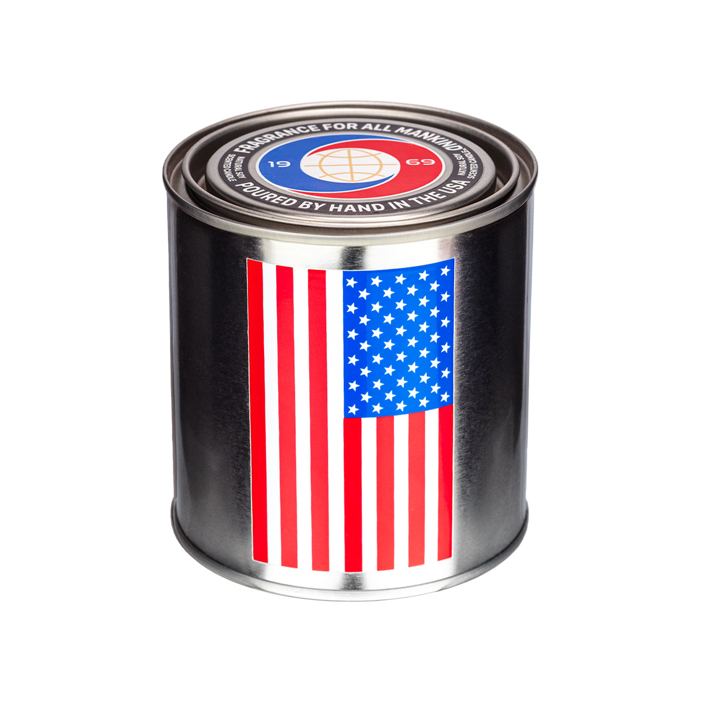 Back view of NASA Candle featuring the American flag made in USA, symbolizing its hand-poured American craftsmanship