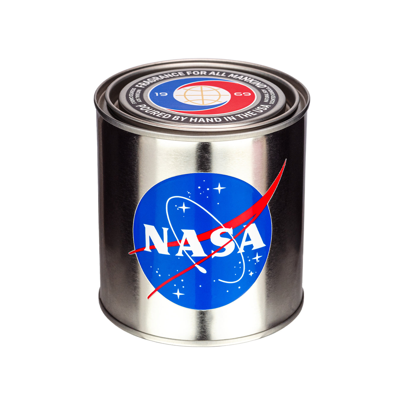 Limited edition NASA Candle - Apollo 1969, inspired by the Apollo Lunar Landing, featuring NASA logo Meatball branding on a silver tin.