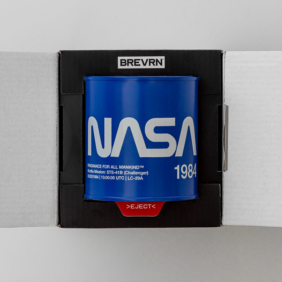 NASA 1984 Candle, Blue Steel Canister featuring iconic NASA Logo (AKA NASA worm device), in presentation gift box packaging 