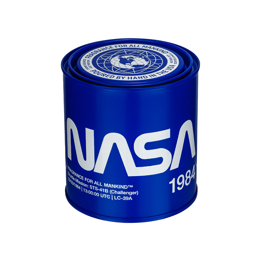 NASA 1984 Candle – striking Cobalt Blue Stainless Steel Canister with NASA Logo AKA NASA Worm 