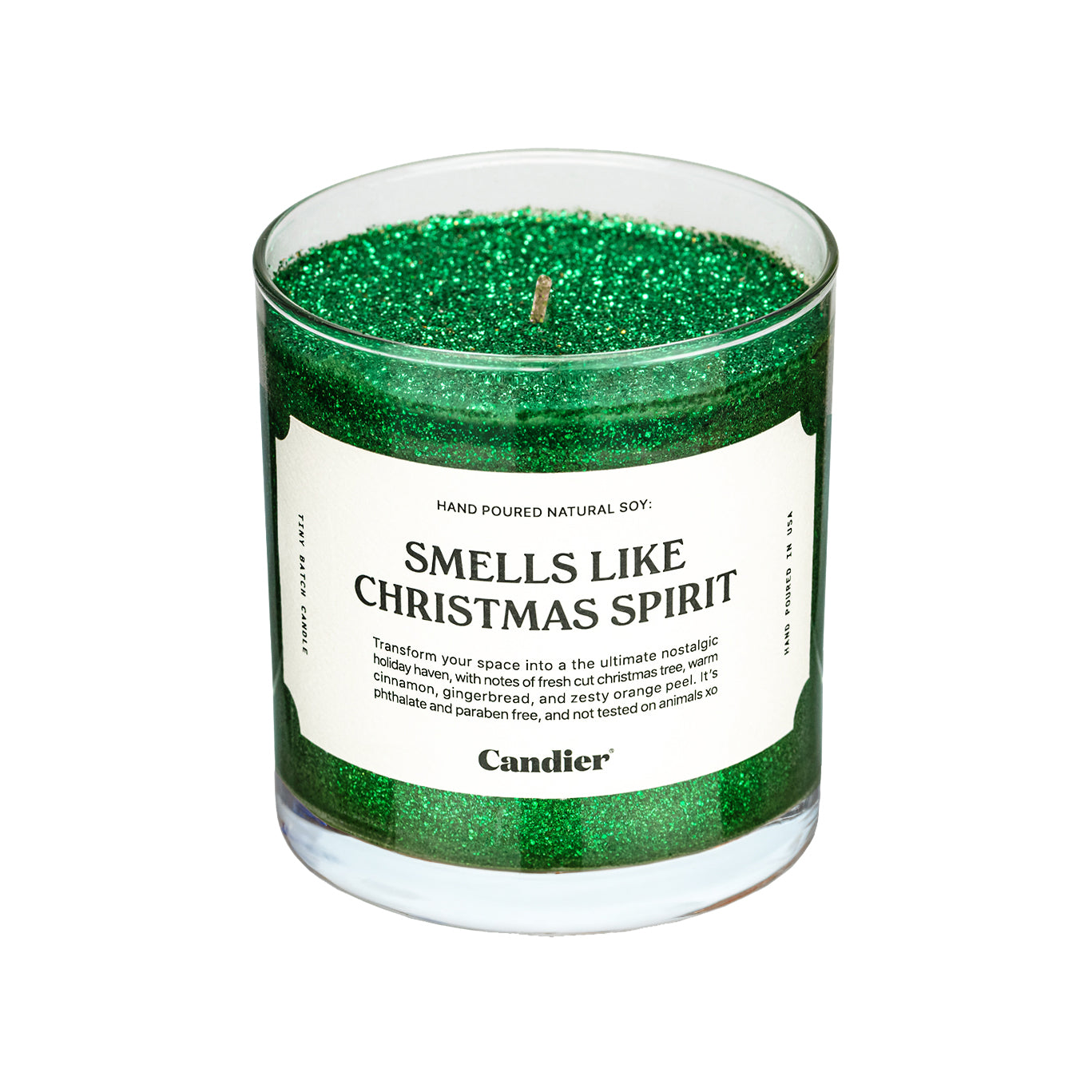 Festive Christmas green glitter scented candle with a label that reads SMELLS LIKE CHRISTMAS SPIRIT by Candier