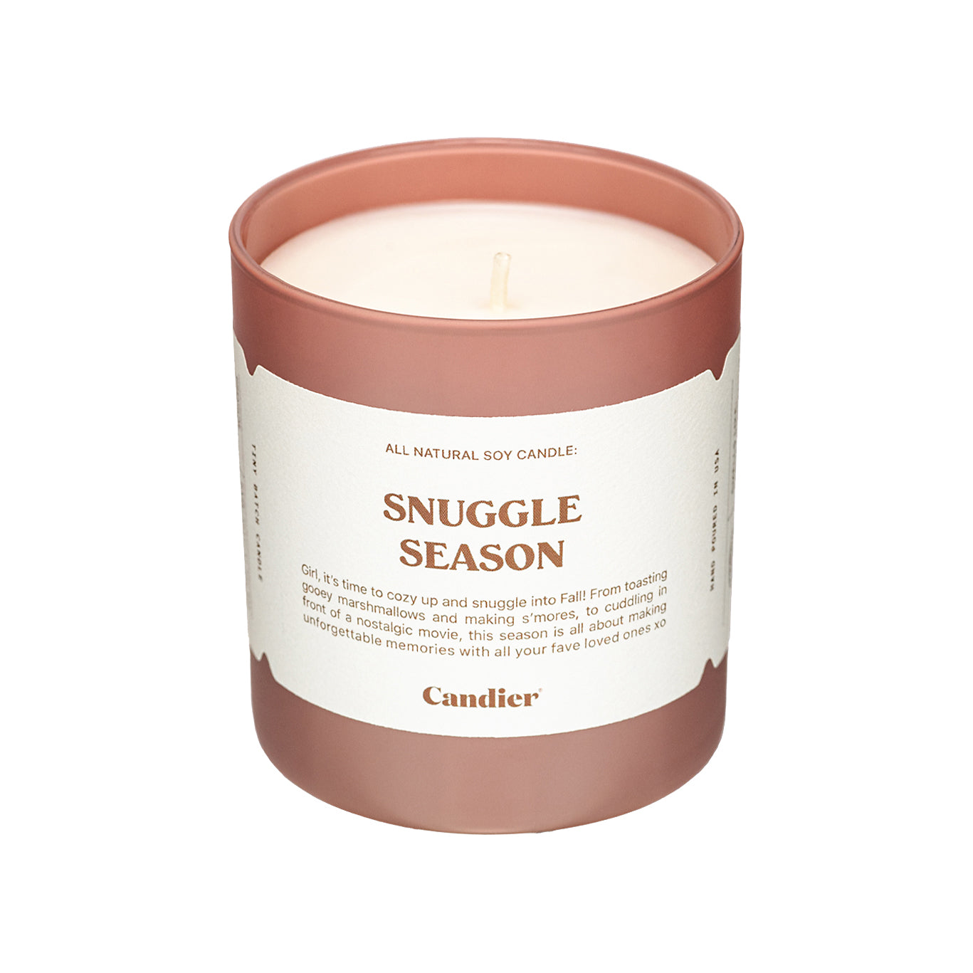 a luxury scented candle in mocha brown glass and a message that reads Snuggle Season