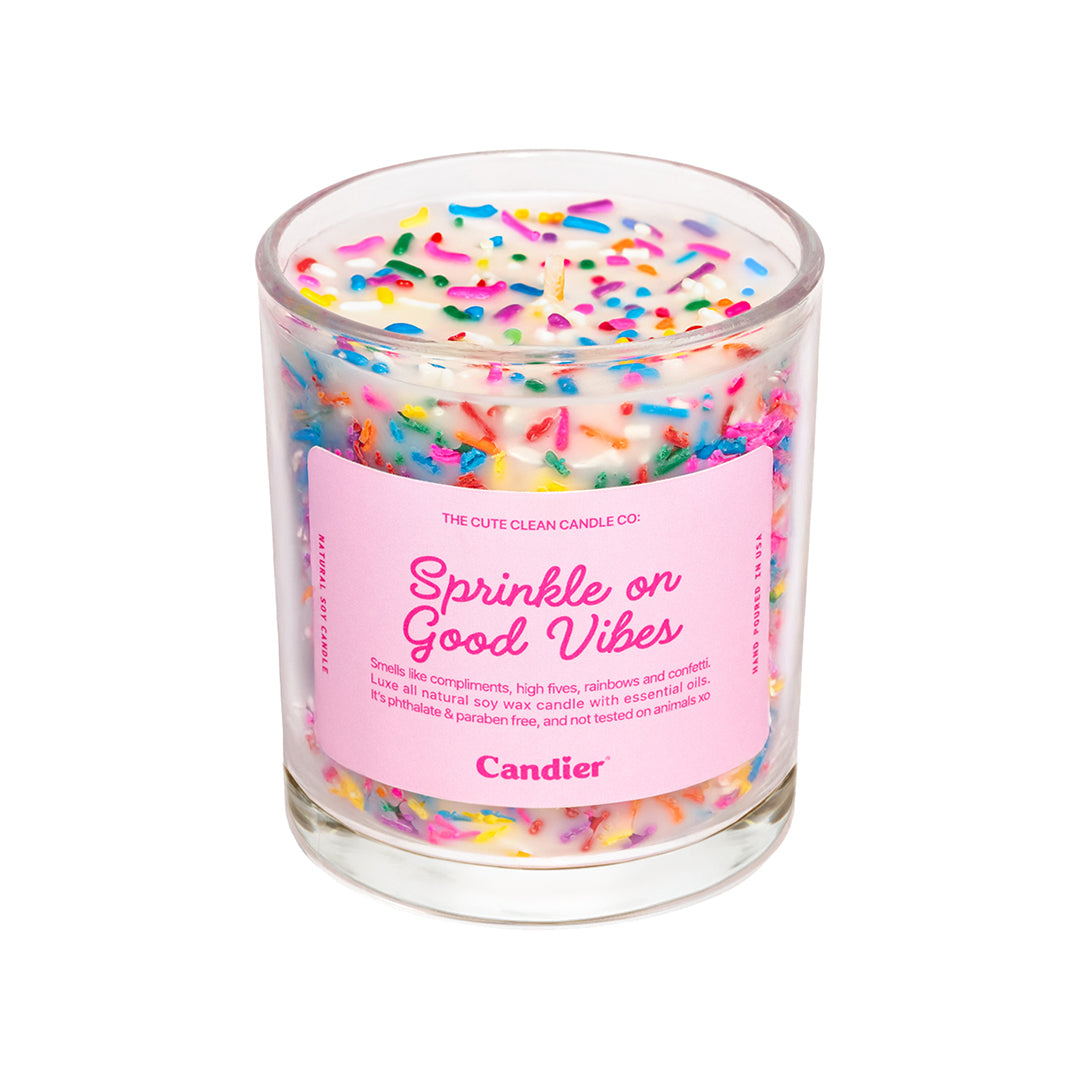 Candier Sprinkle On Good Vibes Hand-poured vanilla cake candle with creamy vanilla and sweet sugar – Luxe soy wax and highly giftable scented candle.