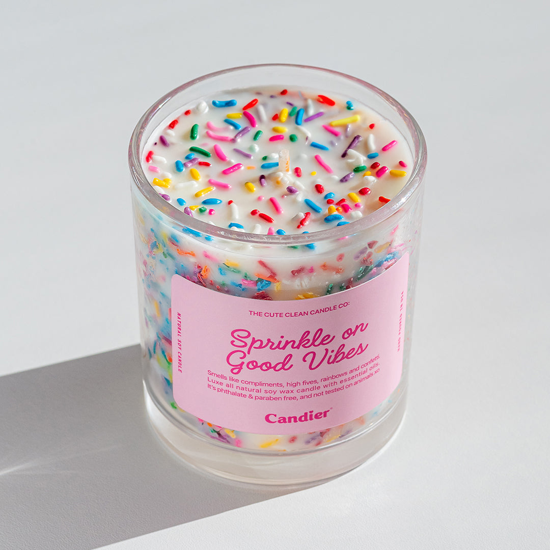 Candier Sprinkle On Good Vibes buttercream candle – Luxe scented candle with soy wax, angel cake, and a cozy sweet sugar fragrance