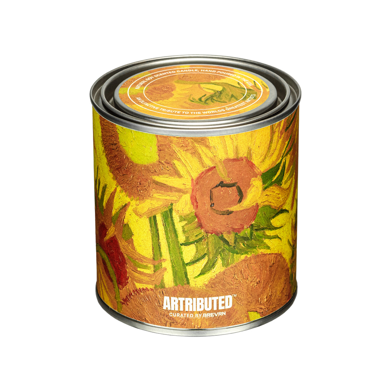 Fine art candle inspired by Vincent Van Gogh's Sunflowers, wrapped in a high quality reproduction of the famous painting