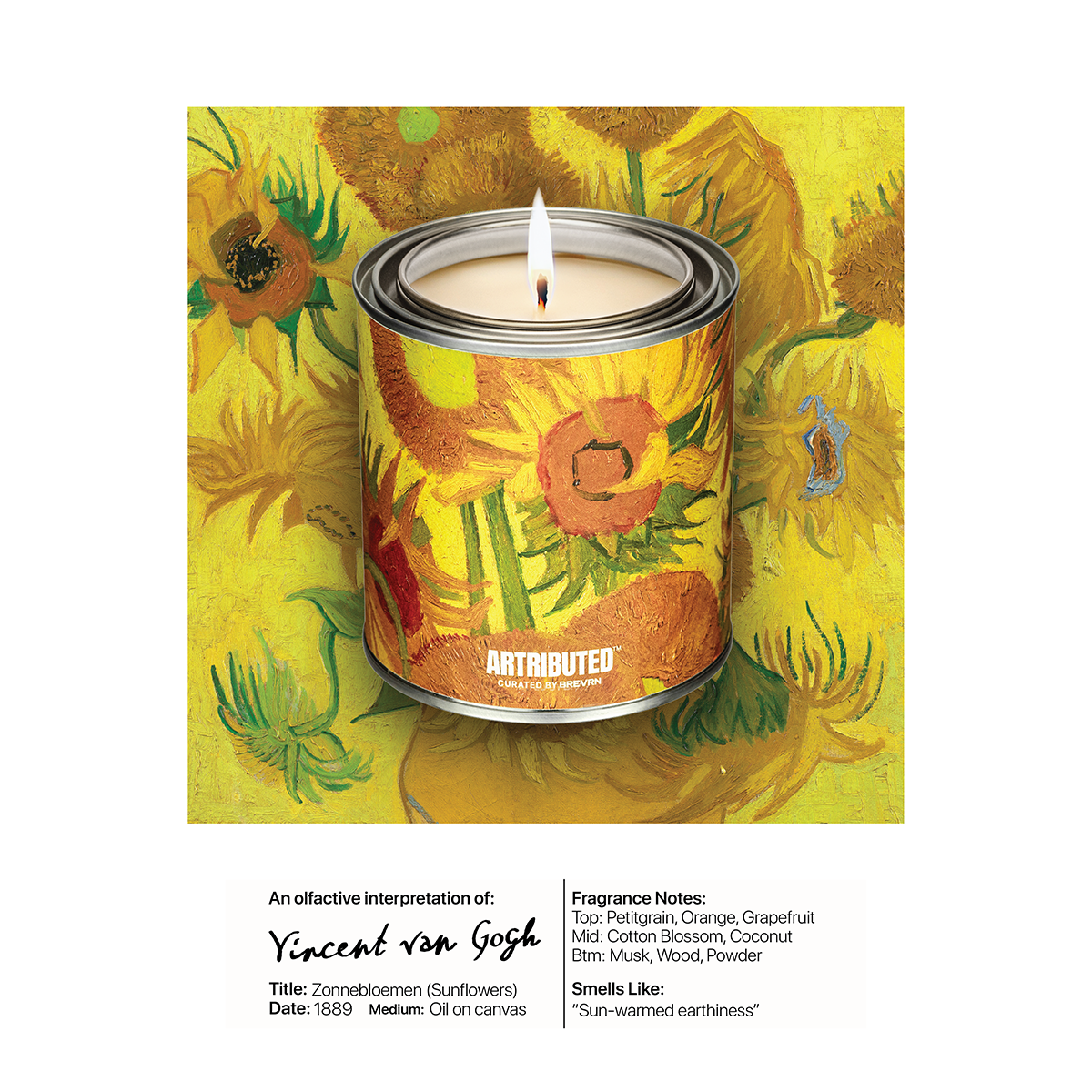 Luxury candle featuring the artwork of Vincent van Gogh Sunflowers  (Zonnebloemen)