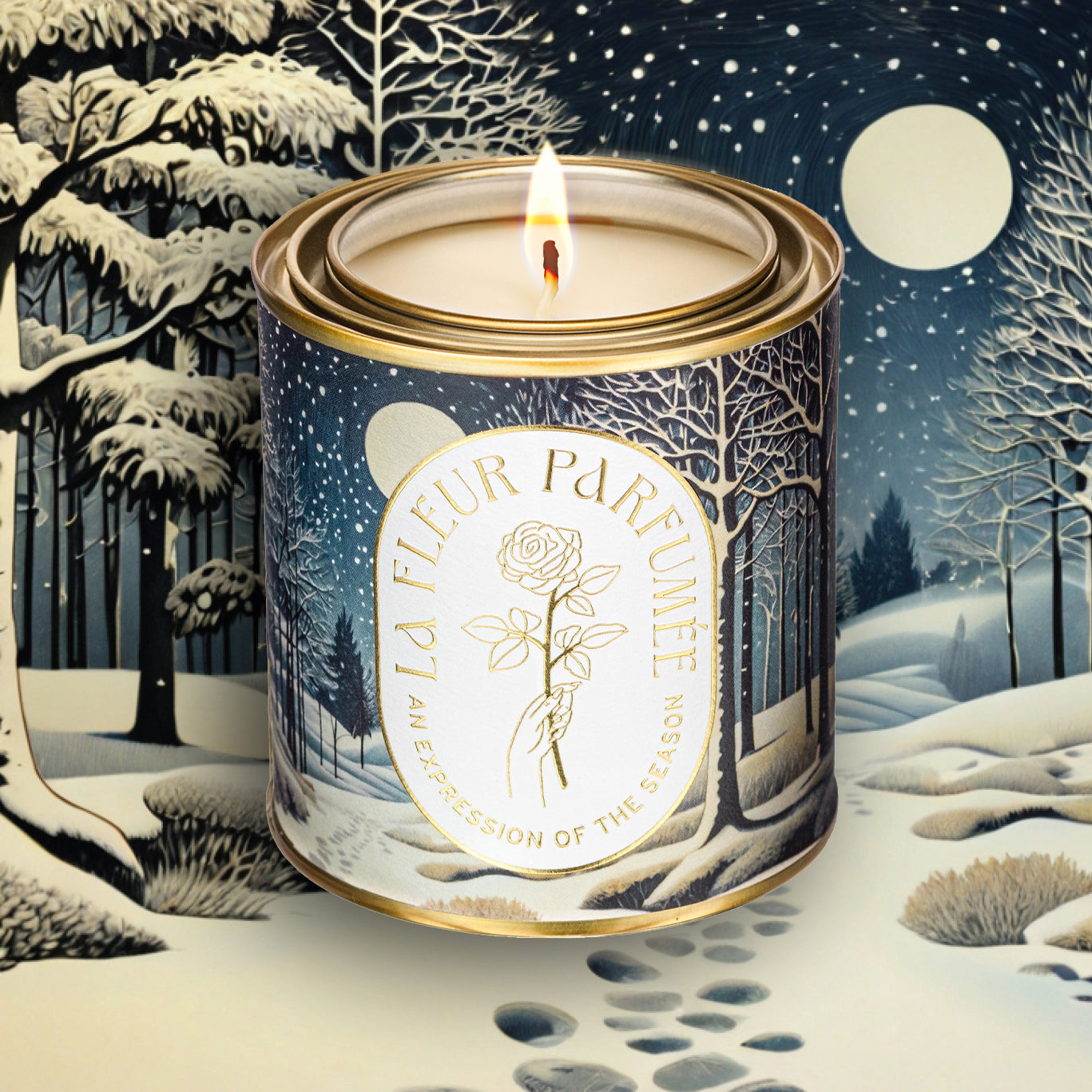 An elegant luxe lit gold-tone candle,  wrapped in artwork of a peaceful winter night scene illuminated by the soft glow of the moon, with snow gently falling over a quiet forest. Bare trees stretch upward, their branches dusted with light snow, while soft snowdrifts blanket the ground. Footprints trail off into the distance, adding a sense of wonder. The composition evokes a serene winter’s eve. The same scene fills the background