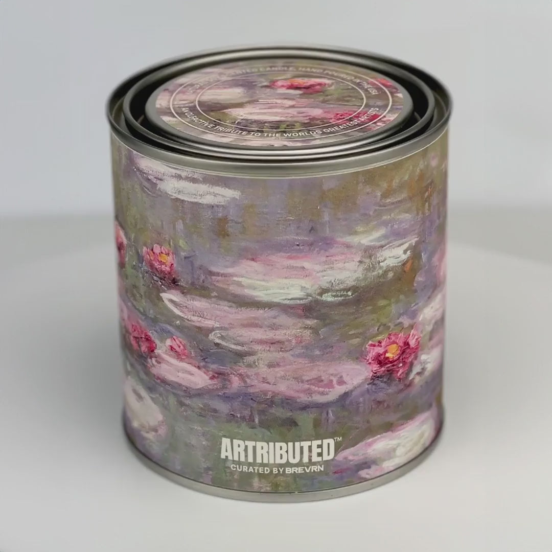 a 360 degree video showing a candle fully wrapped  the artwork Water Lilies by Claude Monet