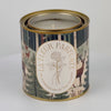 360 degree rotating view of a luxury candle wrapped in vibrant artwork of a peaceful natural wintery scene of white-tailed deer congregating in a snowy landscape with tall evergreen trees, and a gold foil seal that reads La Fleur Parfumée: An Expression of the Season